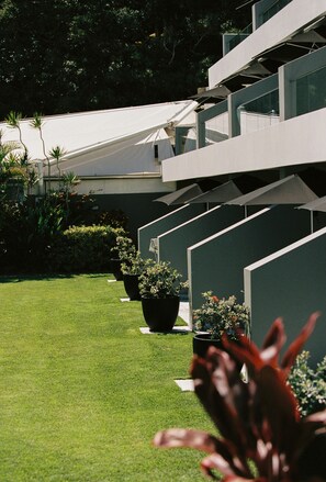 A modern building with a flat roof, surrounded by a well-maintained lawn and potted plants. - 71 Hastings Street - Beachfront (Noosa Heads)