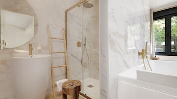 Bathtub, hair dryer, towels