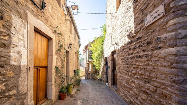 Un estrecho callejón adoquinado con edificios de piedra, puertas de madera y plantas en macetas.