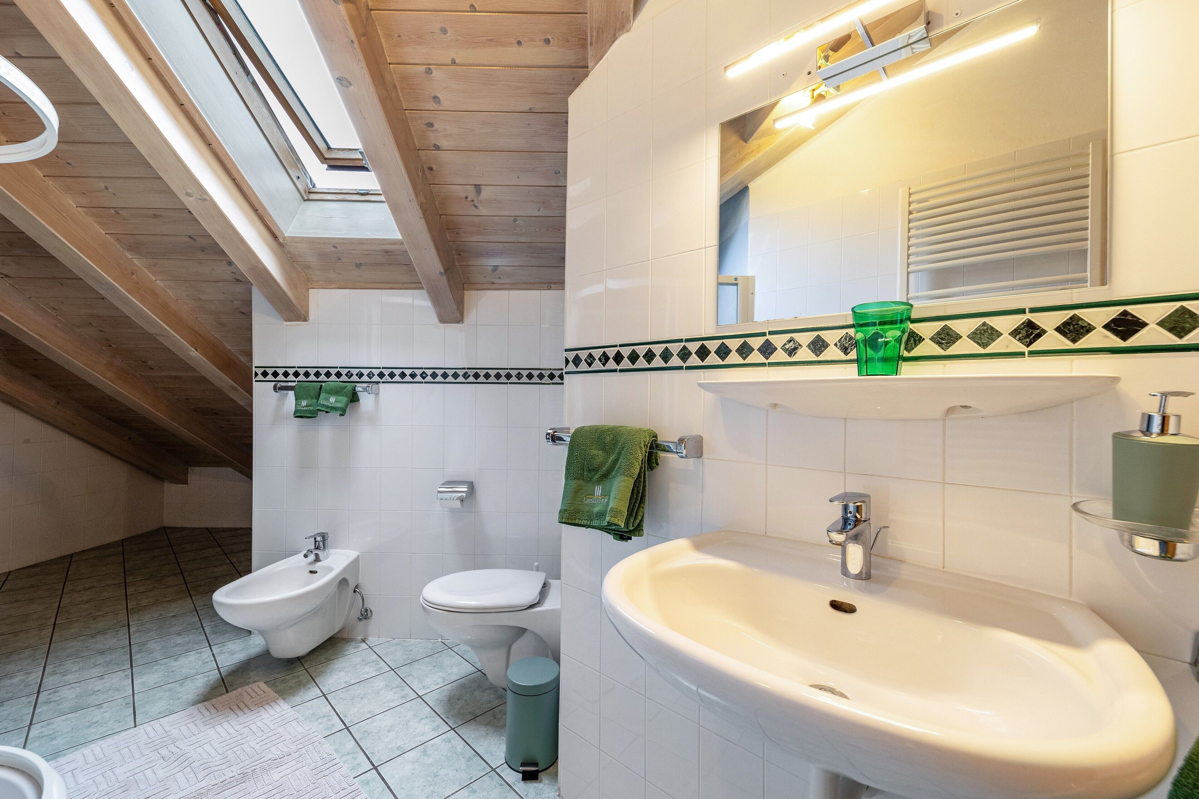A bathroom with a bidet, toilet, sink, and a skylight.