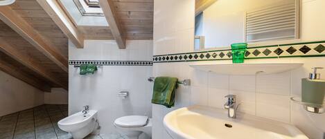 A bathroom with a bidet, toilet, sink, and a skylight.