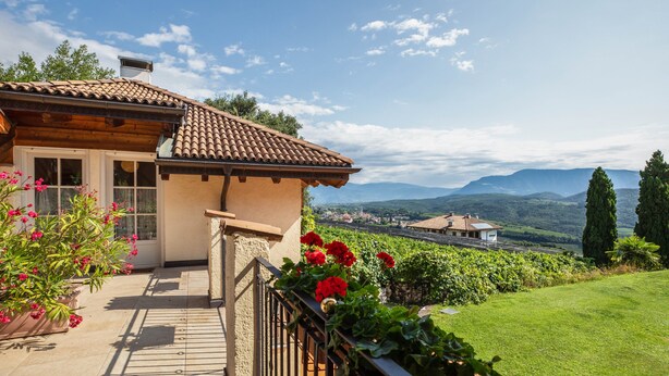 A wooden house with a tiled roof, a balcony with red flowers, and a view of a vineyard and mountains. - Studio 'Vitis' with Mountain View, Private Terrace and Wi-Fi (Kaltern)