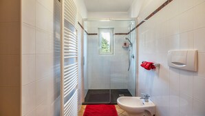 A bathroom with a glass shower enclosure, a sink, and a red rug. - Studio 'Vitis' with Mountain View, Private Terrace and Wi-Fi (Kaltern)