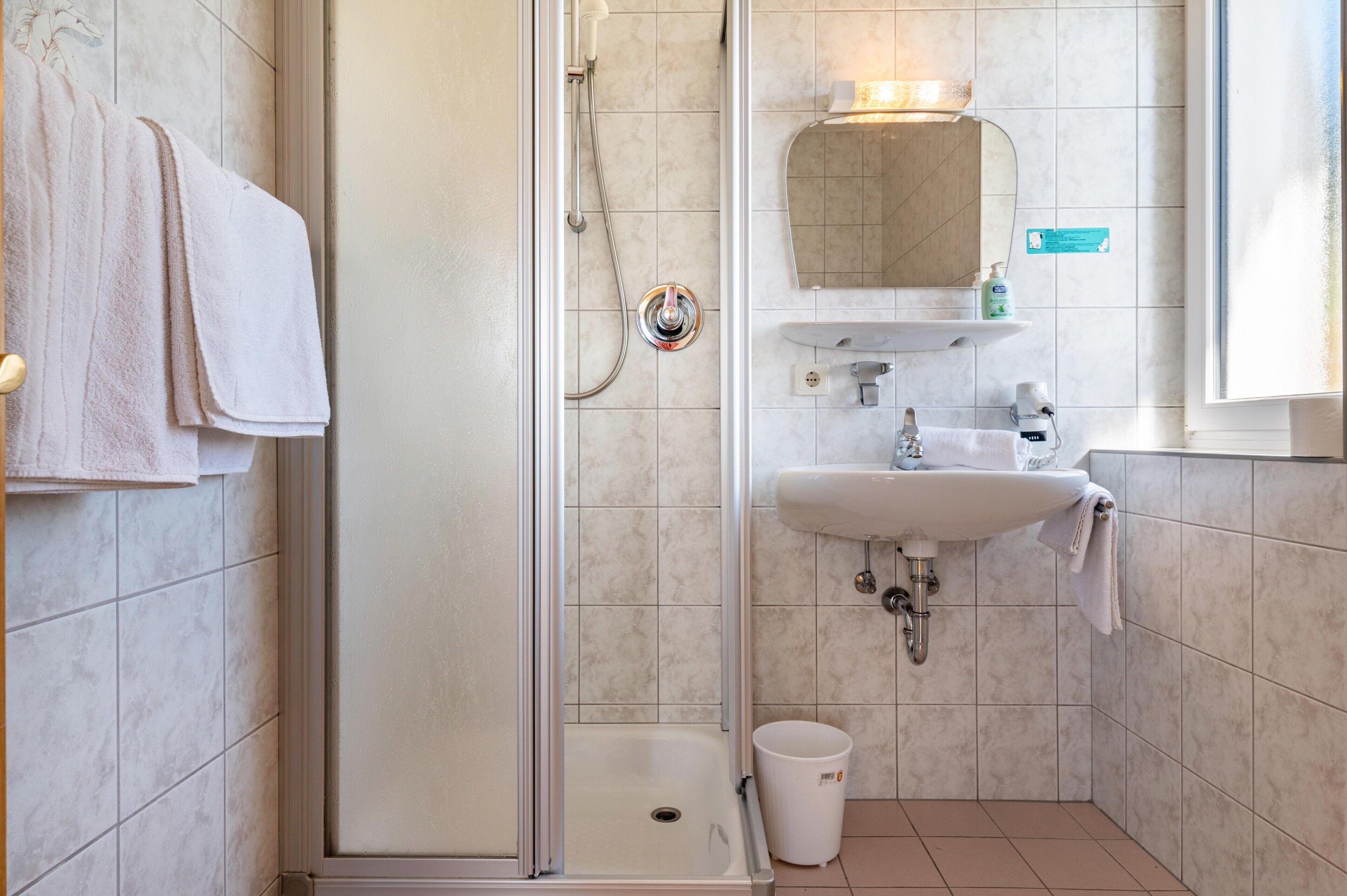 Shower, hair dryer, towels