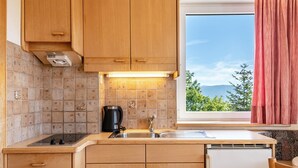 A kitchen with wooden cabinets, a tiled backsplash, a coffee maker, and a window with a view of greenery and mountains.