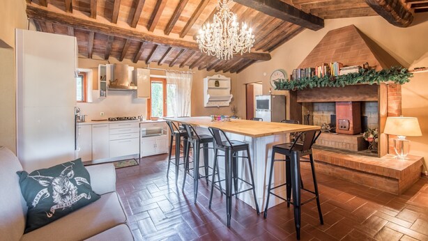 A kitchen with a wooden ceiling, a central island with bar stools, a fireplace, and a bookshelf. - Holiday Apartment 'Glicine' with Mountain View, Shared Pool & Wi-Fi (Montieri)