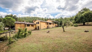 Una villa amarilla con un amplio jardín, una zona vallada y un entorno boscoso.