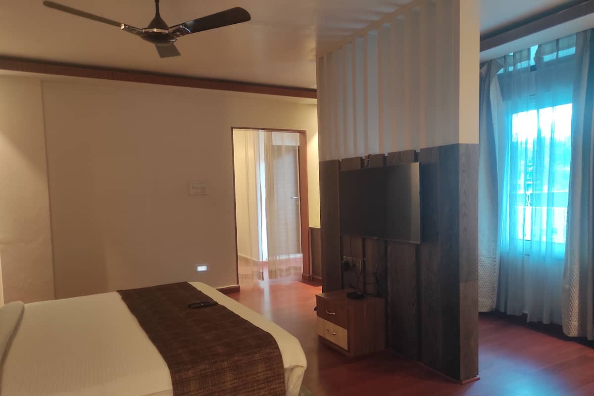 A hotel room with a bed, a TV mounted on a wooden panel, a ceiling fan, and a view of the outside through a window with sheer curtains.