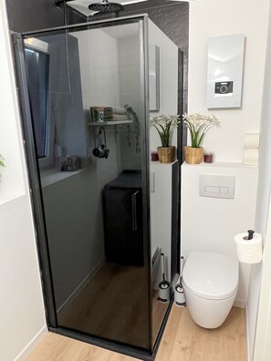 A modern bathroom with a glass shower enclosure, a white toilet, and a small shelf with toiletries. - JUPAS° Studio21 – Terrace with Hanging Nest (Trier)