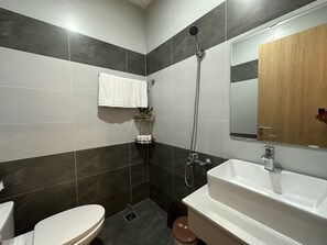 Une salle de bain moderne équipée de toilettes, d’un lavabo et d’une douche.
