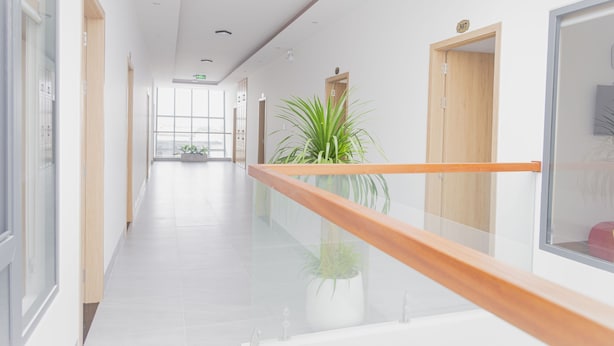 Un couloir d’hôtel moderne avec une rambarde en verre, des portes en bois et des plantes en pot.