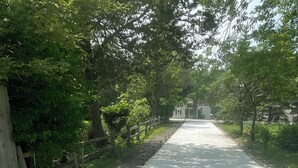 Uma trilha pavimentada ladeada por árvores e uma cerca de madeira, conduzindo a um edifício ao longe.