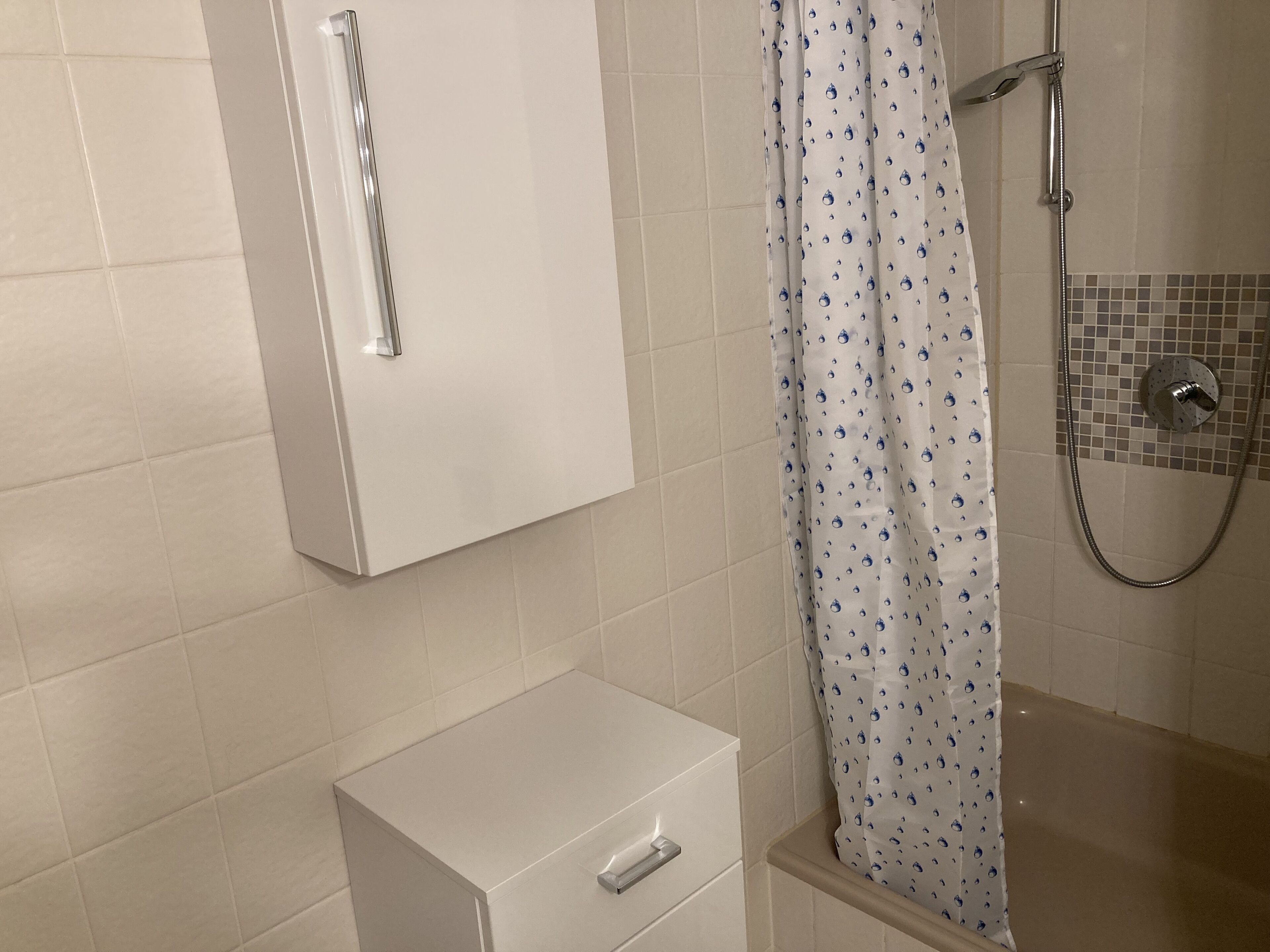 A bathroom with a toilet, a shower with a rain-patterned curtain, and a wall-mounted cabinet.