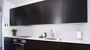 A modern kitchen with dark cabinetry, a stainless steel sink, a kettle, and a dishwasher. - Svala Downtown Studio Queen bed (Reykjavík)