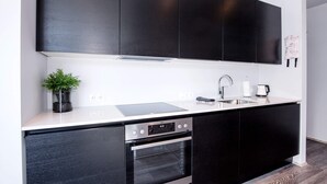 A modern kitchen with black cabinets, a white countertop, a built-in oven, and a small potted plant. - Svala Downtown Studio Twin beds (Reykjavík)