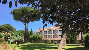 Une cour avec un grand arbre, un bâtiment doté de nombreux balcons et une pelouse bien entretenue.