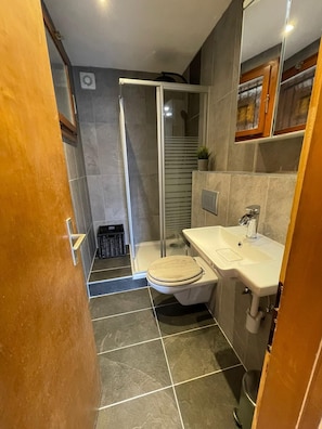 Dusche, Haartrockner, Handtücher, Seife