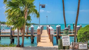 A private dock with a wooden walkway leading to a gated entrance, palm trees, and a clear view of the ocean.