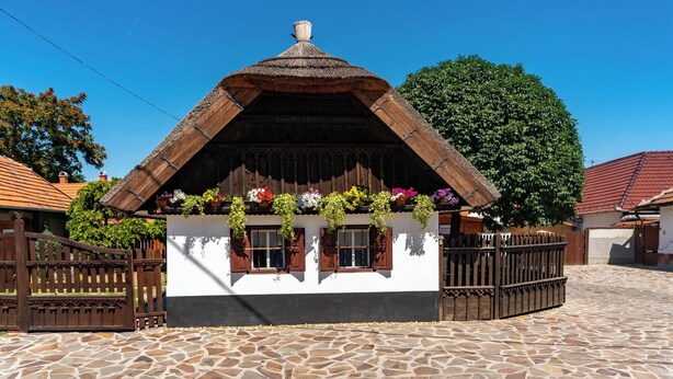 A traditional wooden house with a thatched roof, a stone-paved courtyard, and a wooden gate.