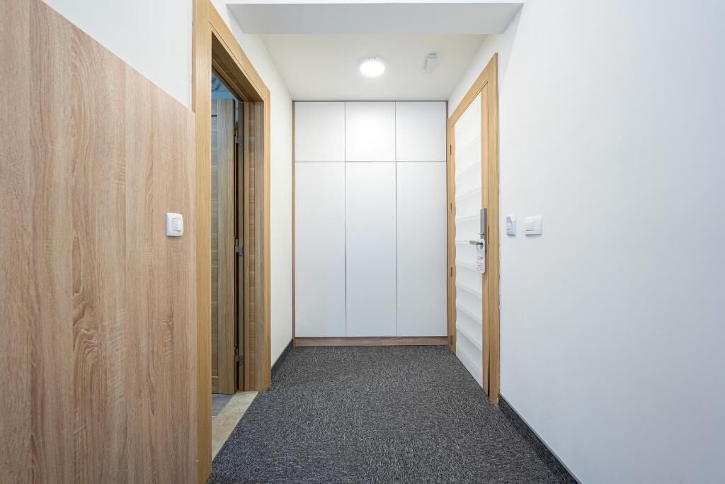 A narrow hallway with wooden paneling on the left, a carpeted floor, and a white door at the end.