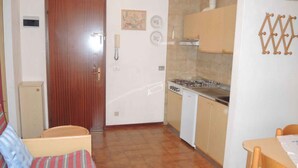 A compact kitchen with a stove, a sink, and a wooden door. - Holiday apartment the sea with air conditioning (Bibione)