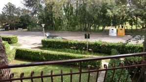 Una carretera pavimentada con un cartel indicador, un bote de basura amarillo y setos bien cuidados.