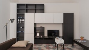 Un salon moderne avec un canapé, une table basse, un téléviseur et une bibliothèque.