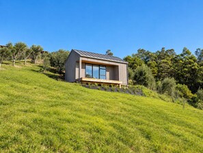 Ein modernes Haus mit Satteldach, großen Fenstern und einer Holzterrasse.