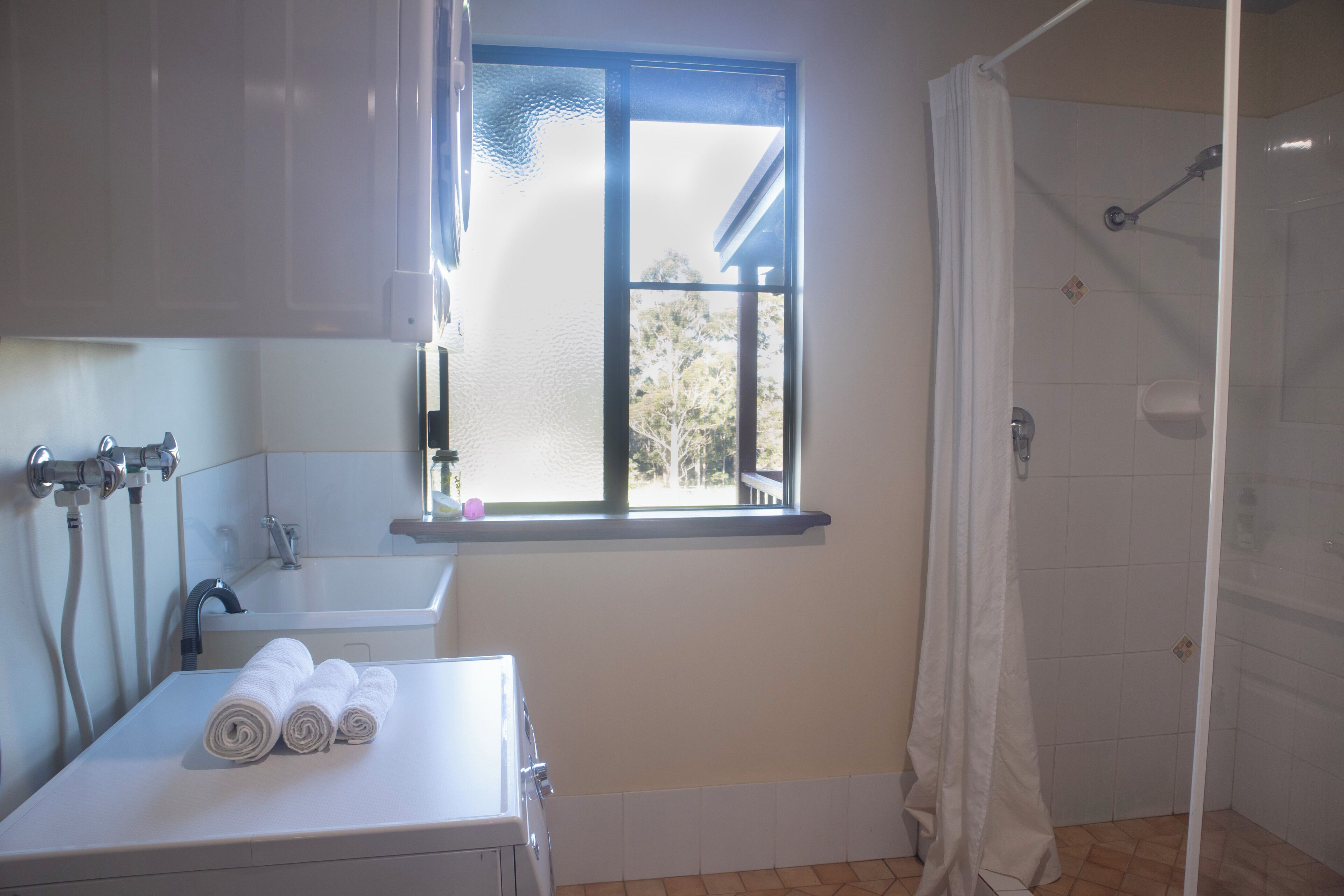 Hair dryer, towels, soap, shampoo