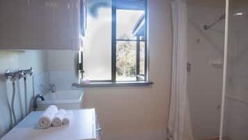 Hair dryer, towels, soap, shampoo