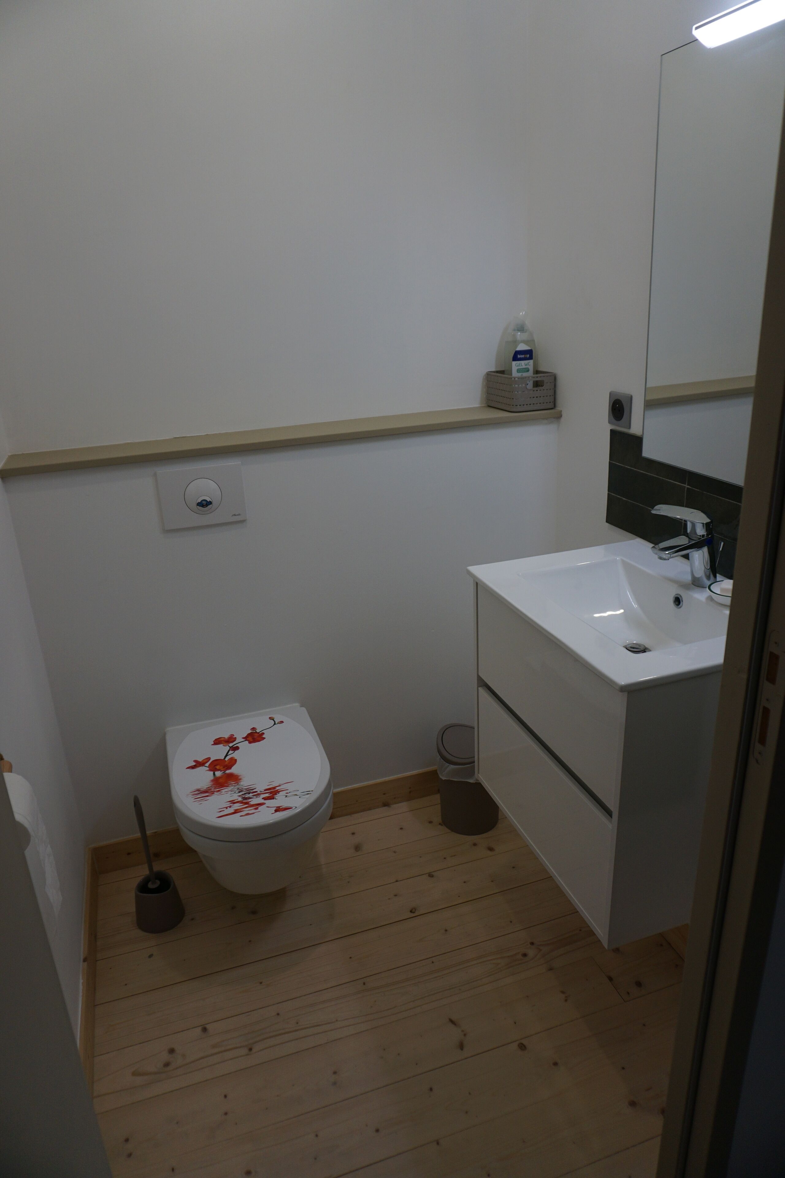 A bathroom with a white toilet, a white sink, and a mirror.