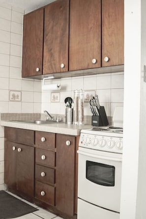 Kitchen features a white countertop, stainless steel sink, and a stove with a black oven door.