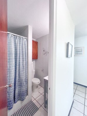 Hair dryer, towels, soap, toilet paper