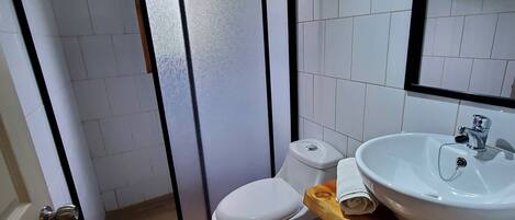 Un baño con inodoro, lavabo y zona de ducha.