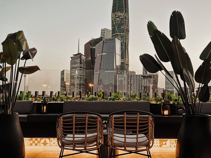 Terraza en la azotea con dos sillas de mimbre, plantas en macetas y vistas al horizonte de la ciudad.