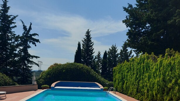 A rectangular swimming pool with a clear blue water surface, surrounded by a brick deck and bordered by green hedges and tall trees. - Apartment with Swimming Pool and Tennis (Montespertoli)