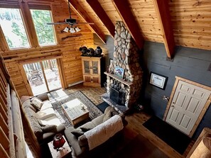 Smart TV, fireplace, books