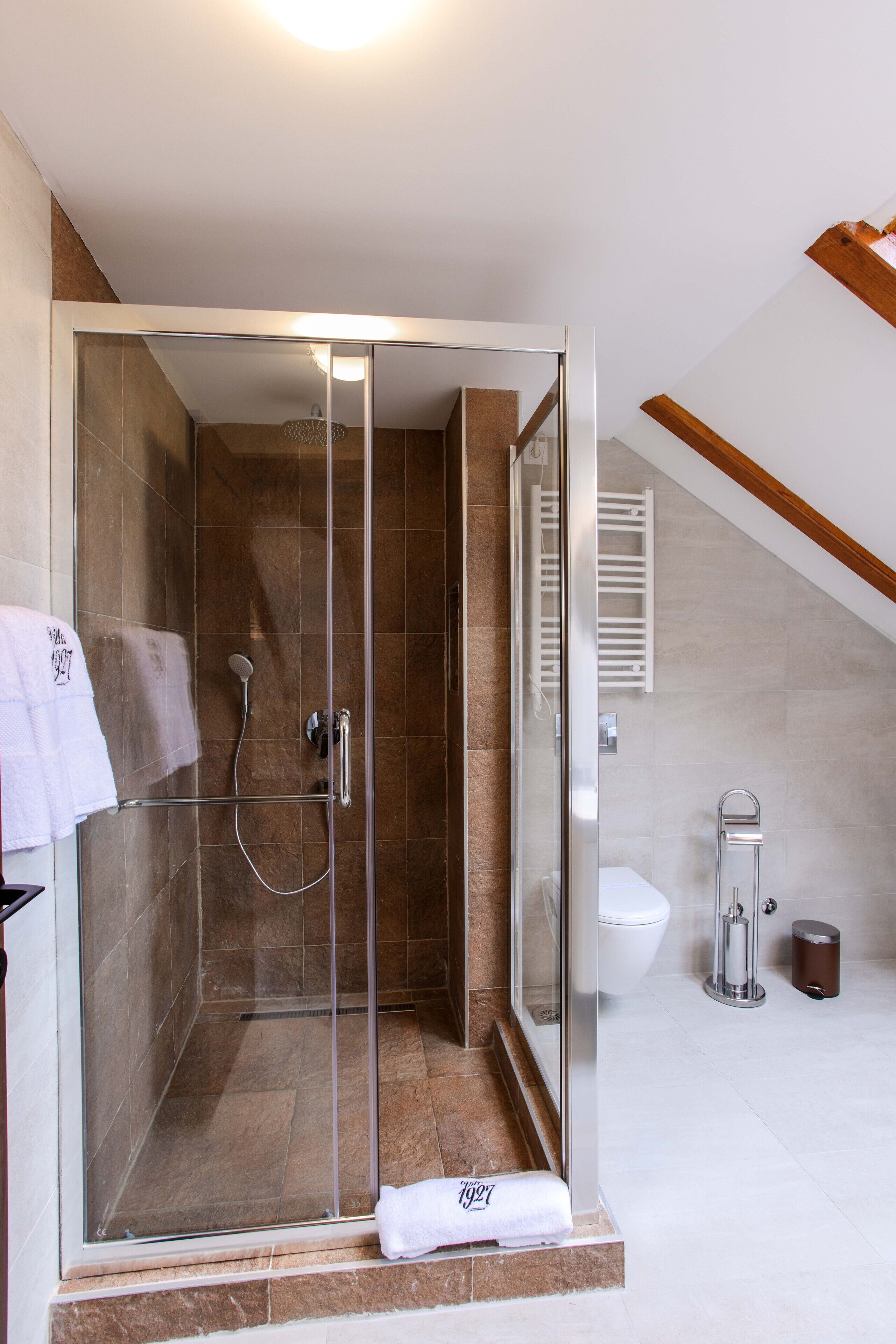 A modern bathroom with a glass-enclosed shower, a white toilet, and a towel rack.