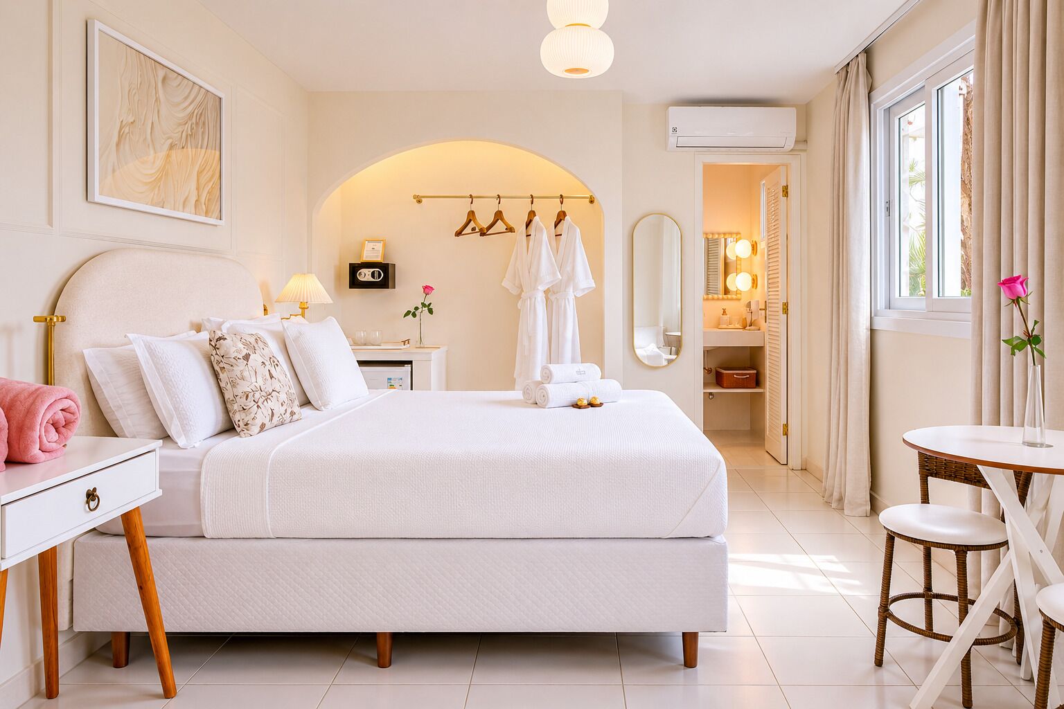 A modern hotel room with a large bed, bedside table, and a small round table with chairs.