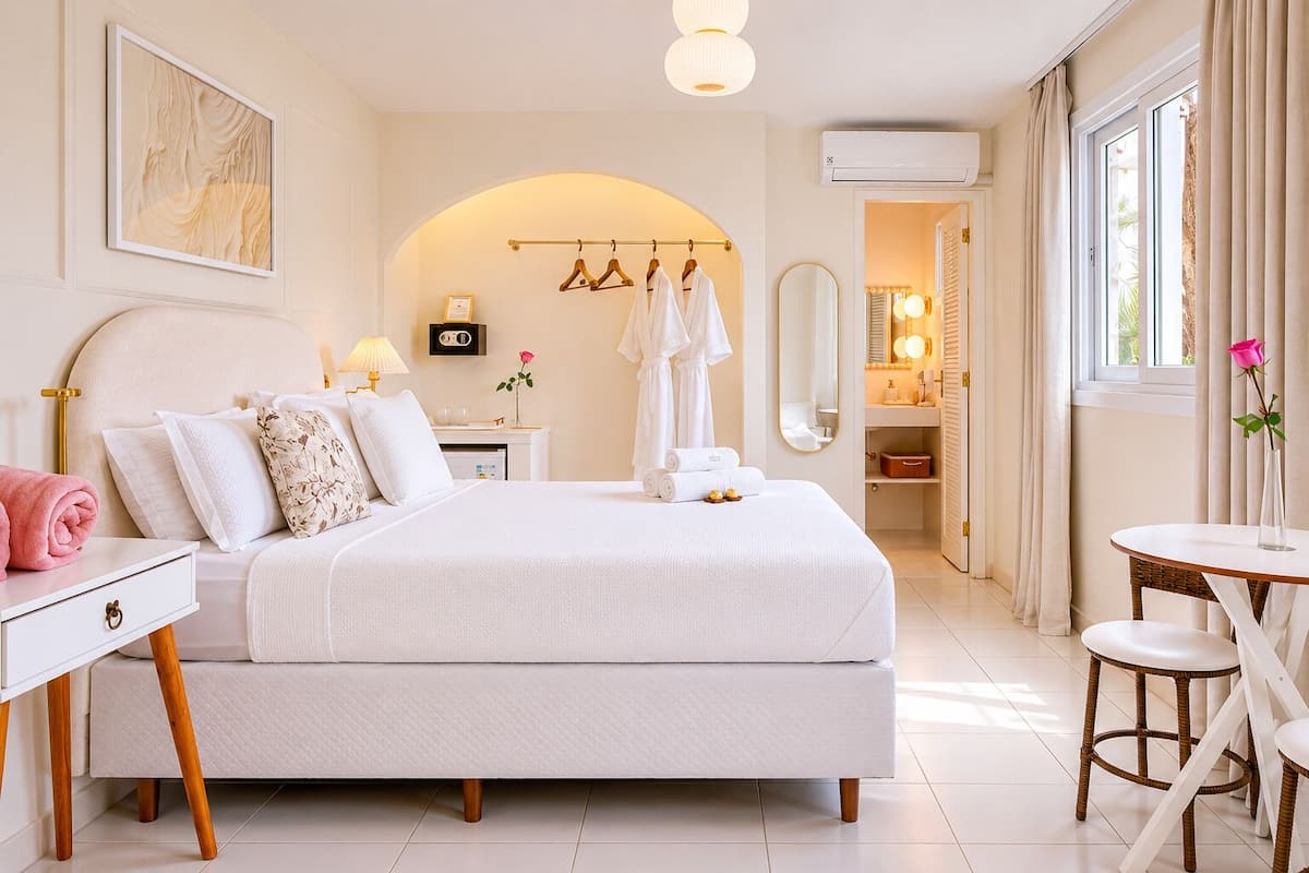 Une chambre d’hôtel moderne avec un grand lit, une table de chevet, une coiffeuse et une fenêtre avec des rideaux.