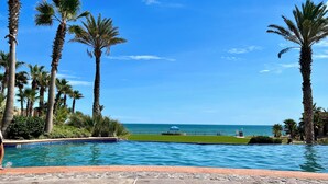 Piscina com vista para o oceano, cercada por palmeiras e um céu claro.