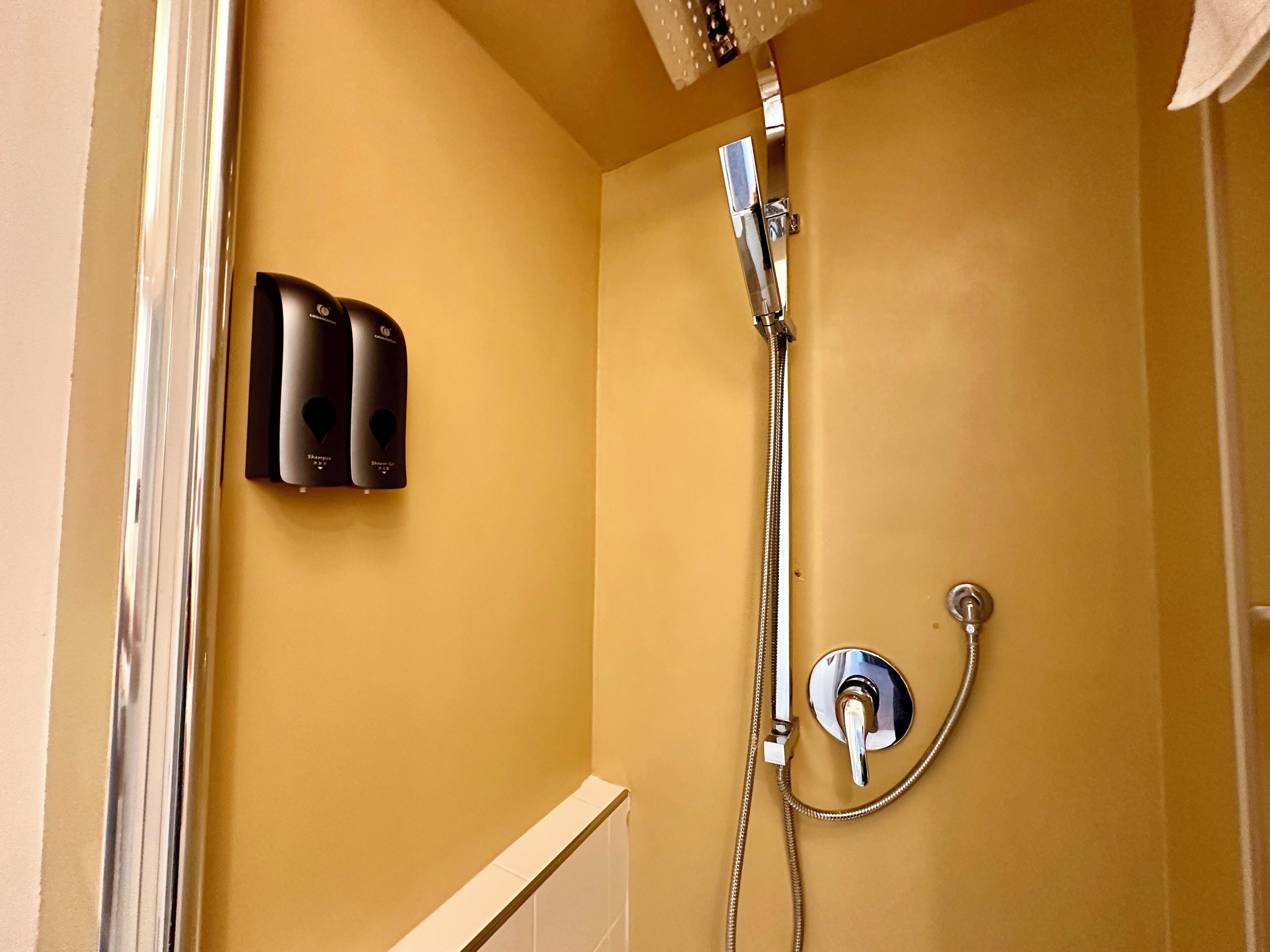 A shower with a handheld showerhead and a wall-mounted faucet.