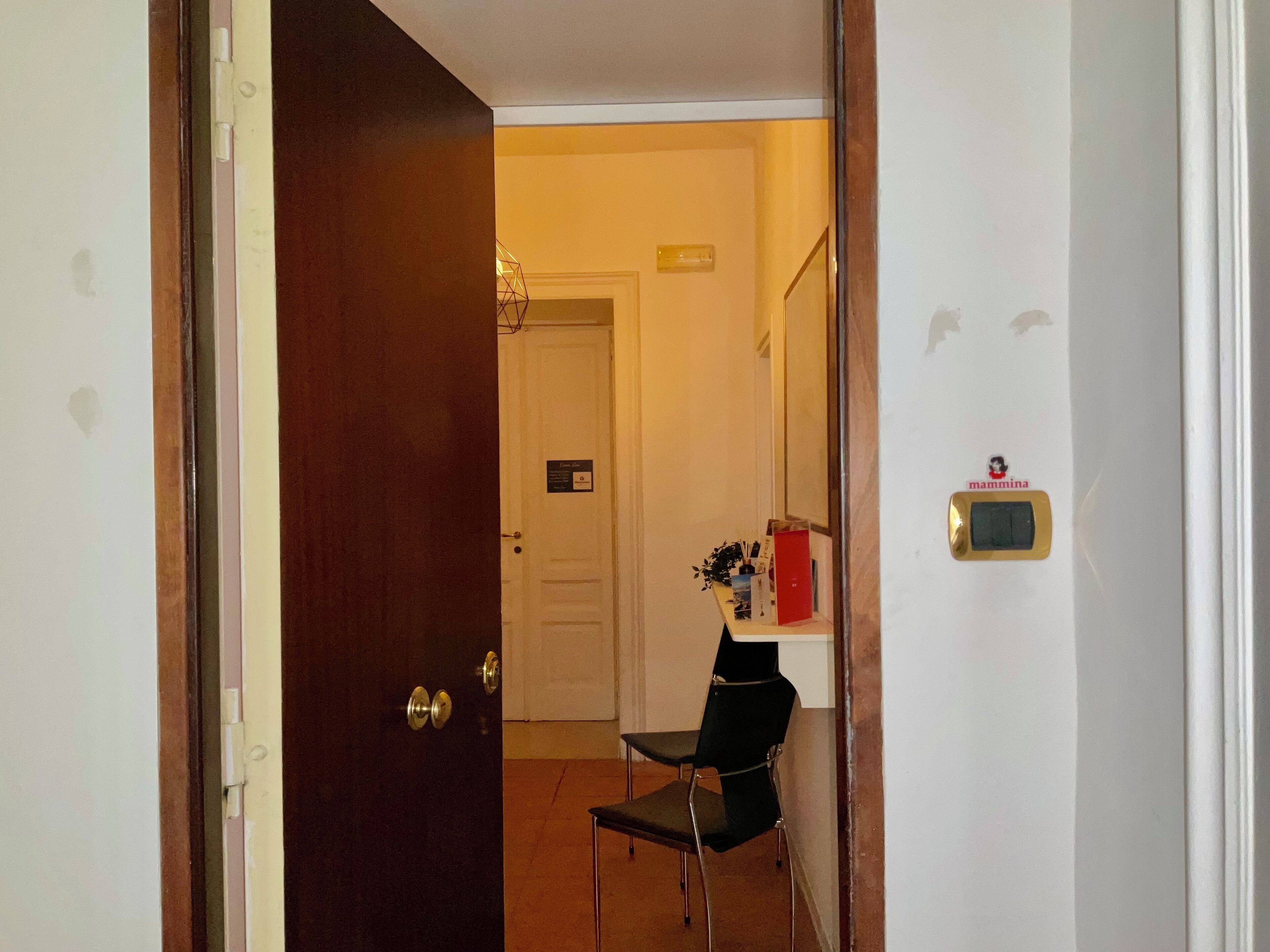 A hallway with a wooden door, a white door, and a chair in the background.