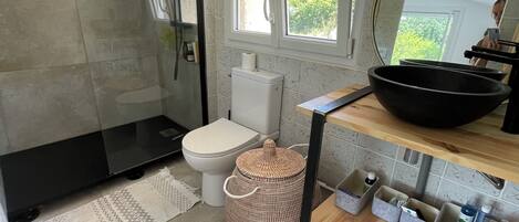 Shower, hair dryer, towels
