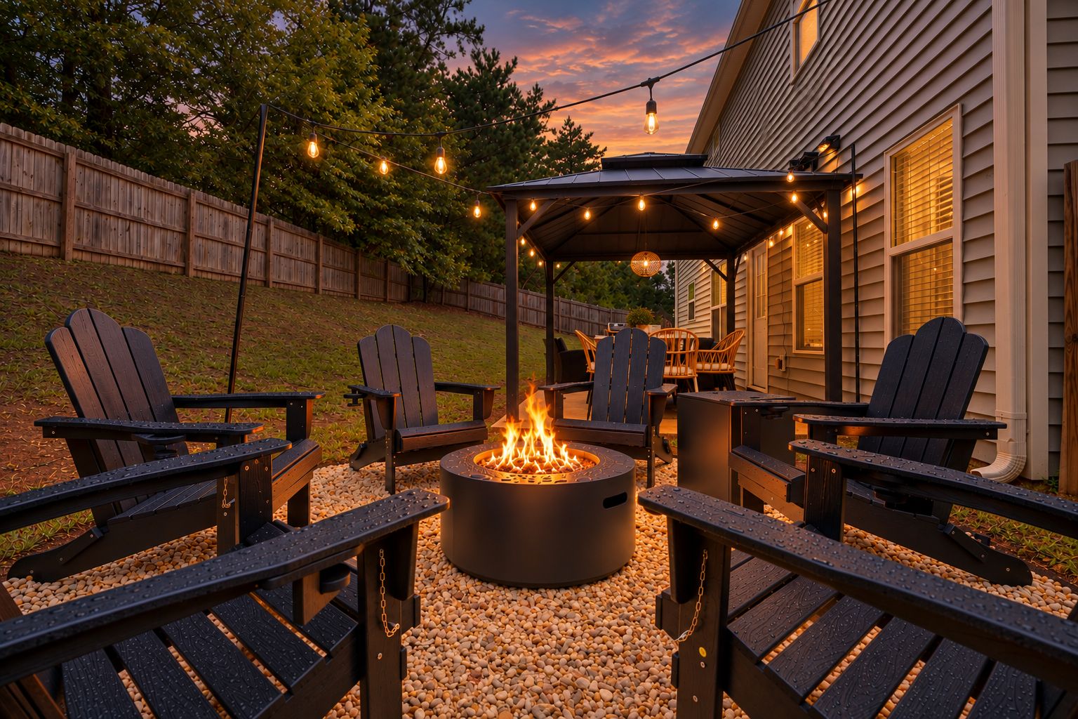 Un área de patio al aire libre con sillas Adirondack, una chimenea y luces colgantes.