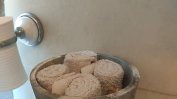 Hair dryer, towels, soap, toilet paper