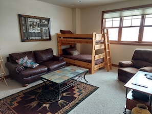 TV, fireplace, foosball, printers