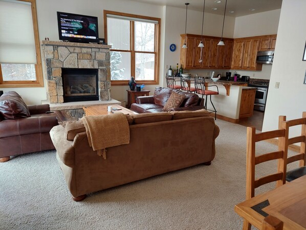 TV, fireplace, foosball, printers