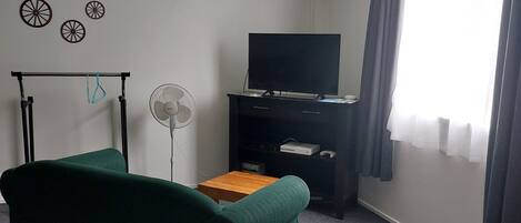 A room with a green sofa, a flat-screen TV on a stand, a small wooden table, a standing fan, and a window with curtains.