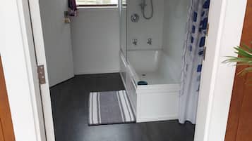 Hair dryer, towels, soap, shampoo